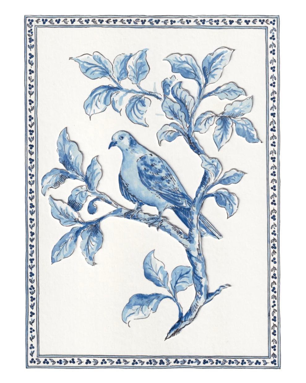 Decorative artwork with a blue pigeon on a branch and leaves, framed by a decorative border.