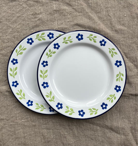 Pair of Enamel Side Plates, Blue and White Base, Folk Ribbons