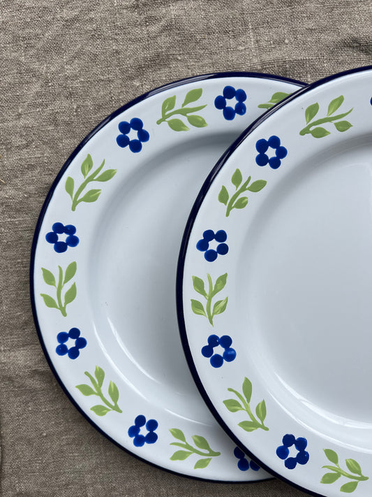 Pair of Enamel Side Plates, Blue and White Base, Folk Ribbons
