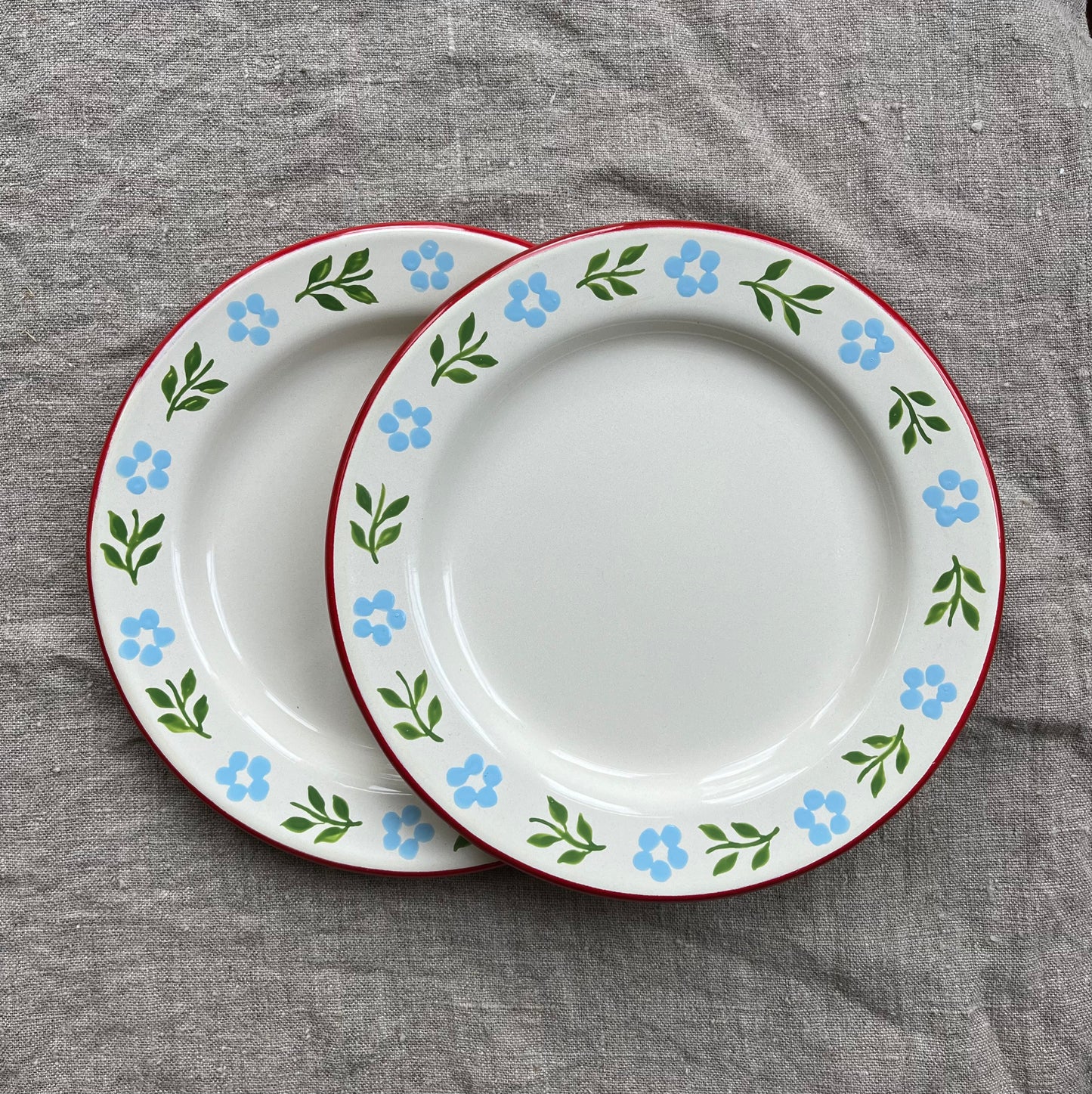 Pair of Enamel Side Plates, Red and Cream Base, Folk Ribbons