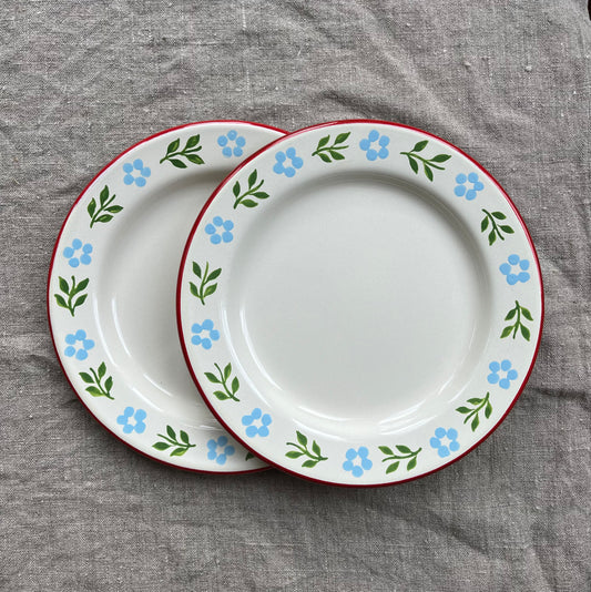 Pair of Enamel Side Plates, Red and Cream Base, Folk Ribbons