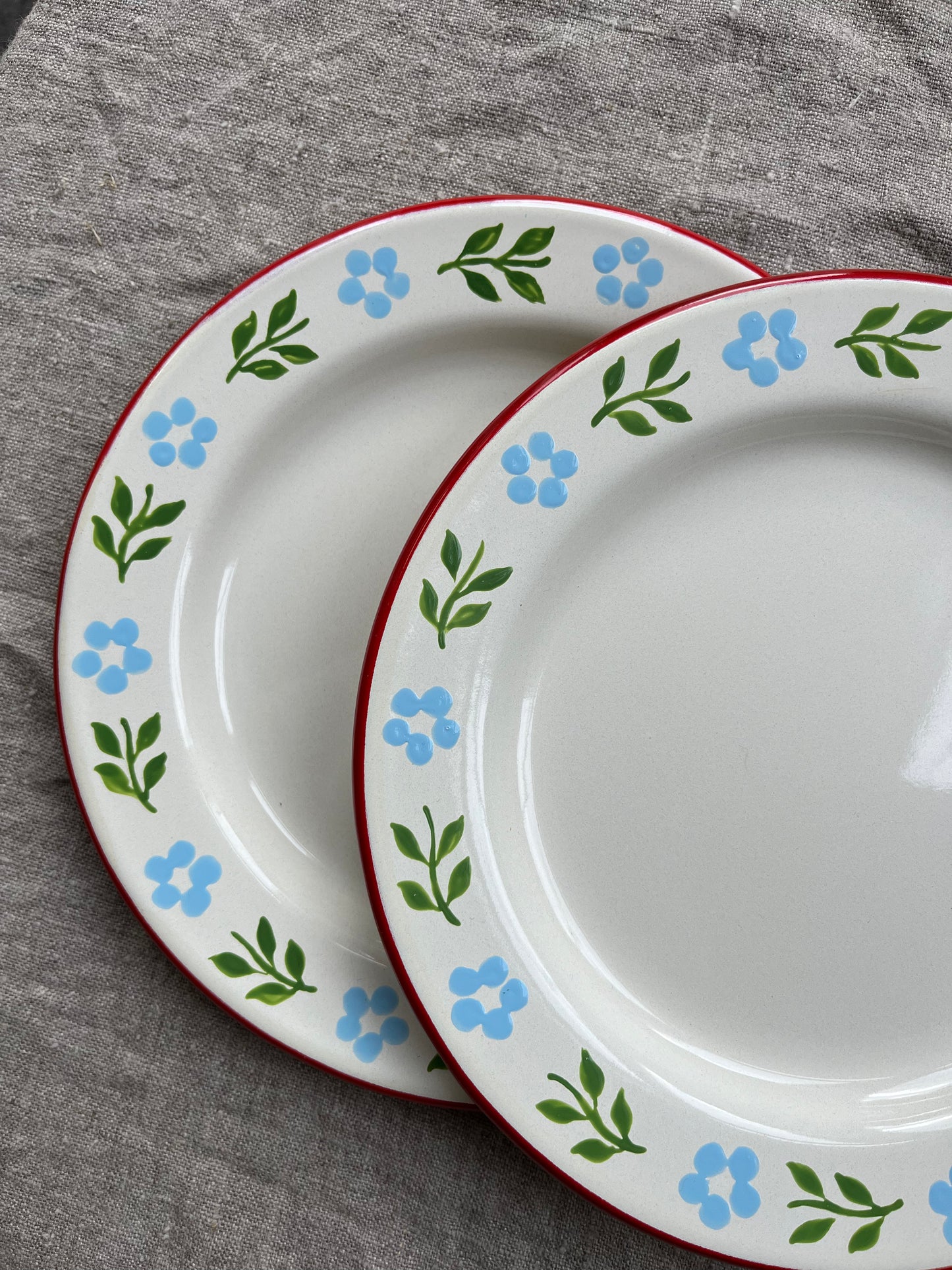 Pair of Enamel Side Plates, Red and Cream Base, Folk Ribbons