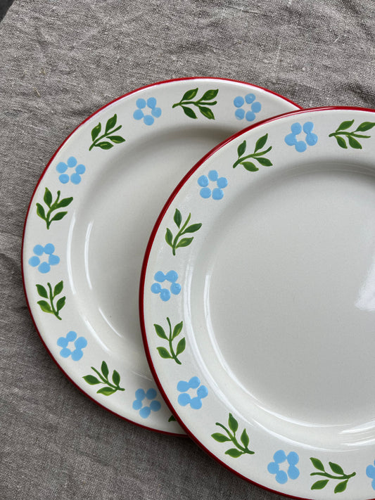 Pair of Enamel Side Plates, Red and Cream Base, Folk Ribbons